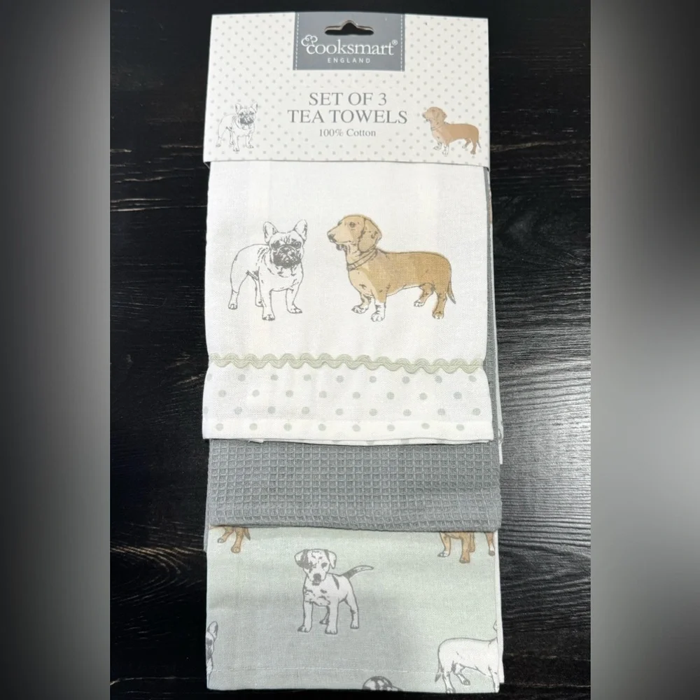 New Dog Theme Kitchen Tea Towels Set of 3 - Dachshund, Pug, Bulldog, Beagle